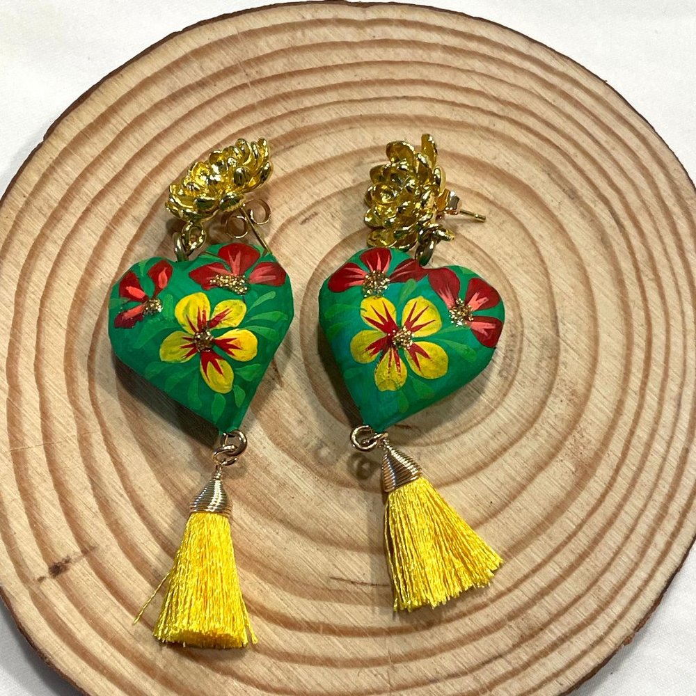 DaVella Collections Festive Earrings Copal Wood Heart Tassel‎ Mexican Jewelry